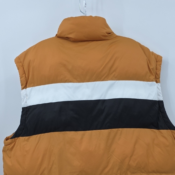 Timberland Men's Puffer Vest in Orange with Black and White Stripes Size XL - Picture 5 of 9
